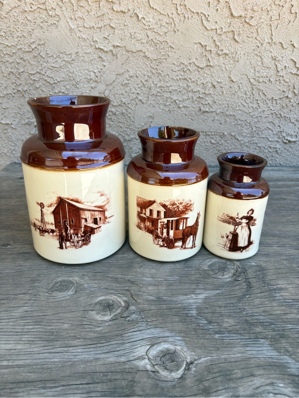 Vintage McCoy Pottery Canister Set Primitive Colonial Farmhouse Scene No Lids